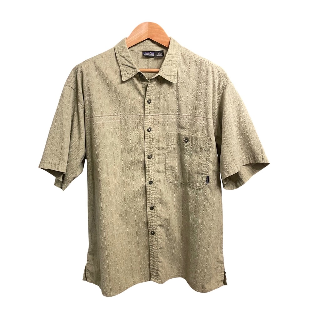 Patagonia Mens Sage Green Textured Center Stripe Short Sleeve Button Down Shirt